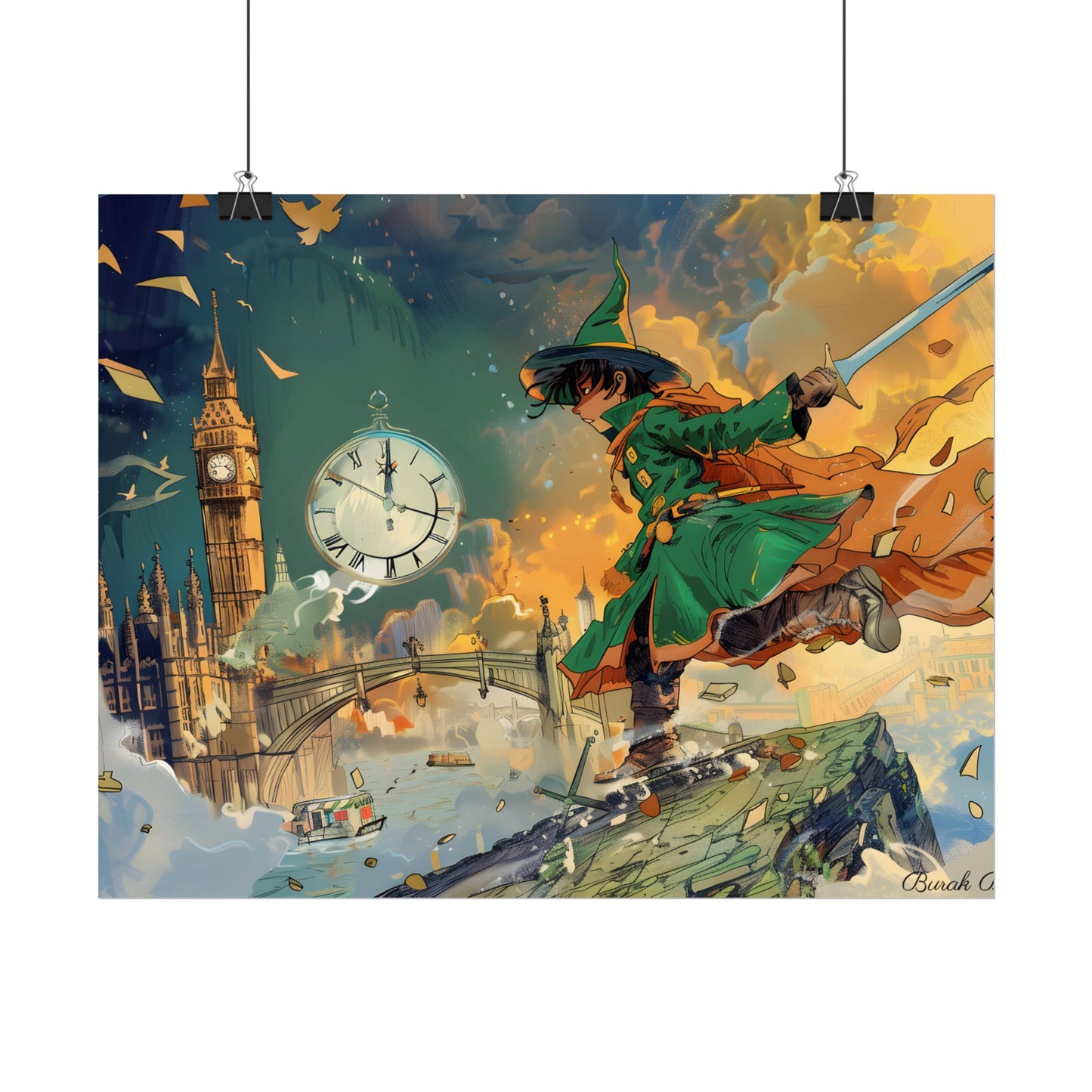 Whimsical Green Tunic Boy: Mischievous Illustration - Poster