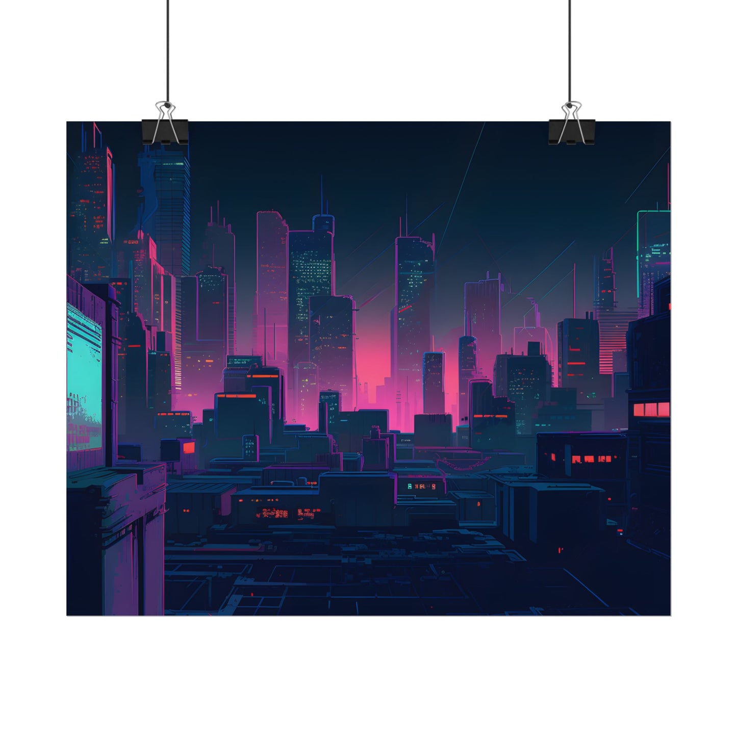 Melancholic Cyberpunk City: Nighttime Scene Digital Art - Poster