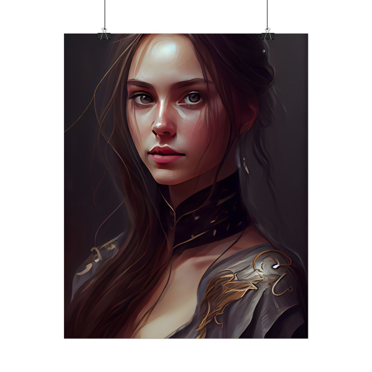 Elegant Indoor Portrait: Brown Hair Beauty - Poster
