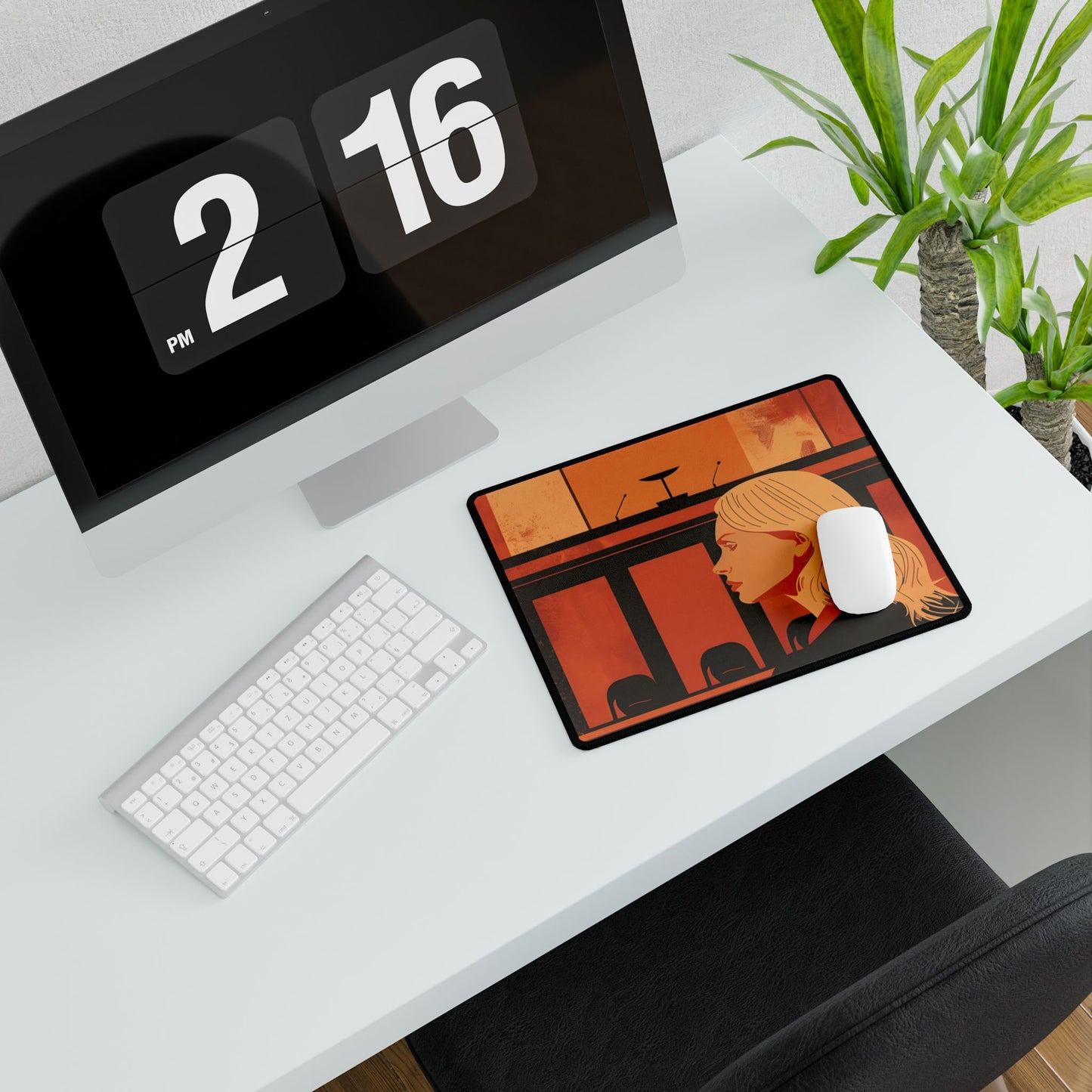 Blonde Woman in Black: Minimalist Portrait Art with a Vibrant Twist - Desk Mat