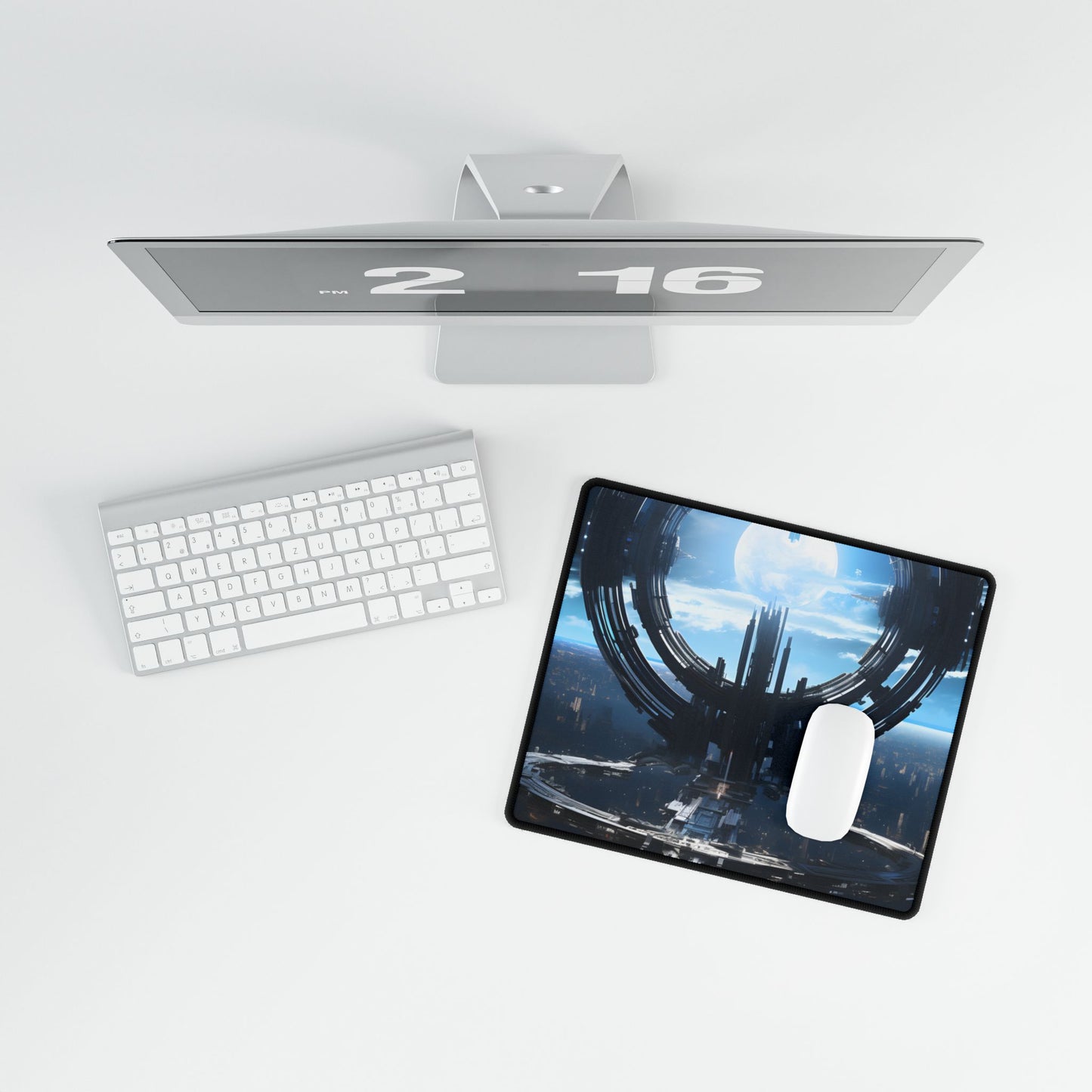 Futuristic Space Station: Orbiting Multimoon Planet Artwork - Desk Mat
