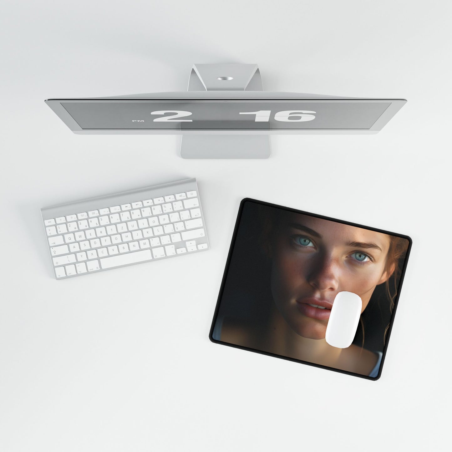 Close-Up Portrait: Grinning Woman with Sharp Light Brown Eyes - Desk Mat