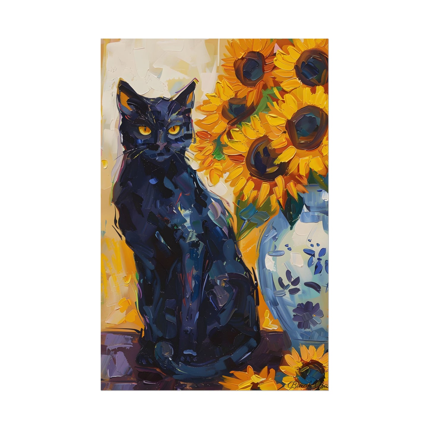 Whiskers by Sunshine: Black Cat in a Blooming Garden - Poster