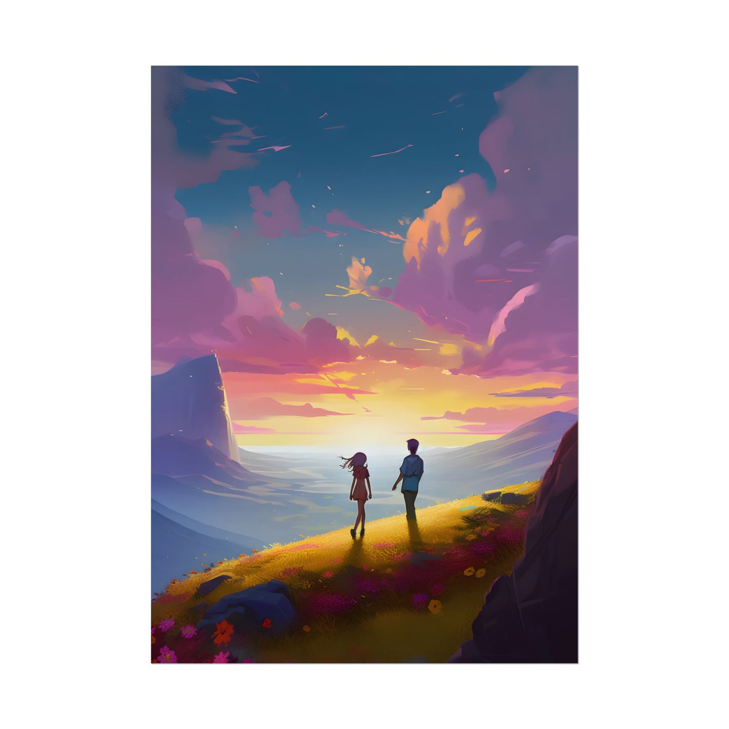 Young Love in a Cloudy Meadow: A Heartwarming Artwork - Poster