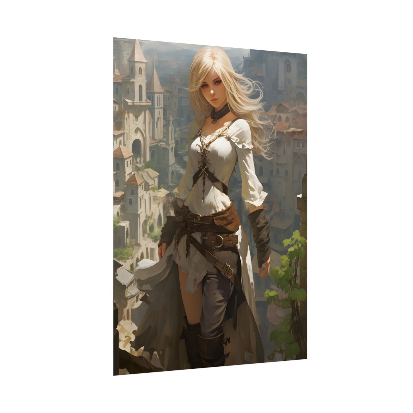 Anime Bird's Eye View Portrait: Blonde Beauty in Motion - Poster