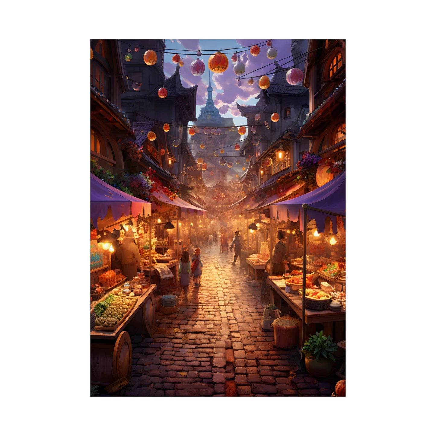 Magical Street Food Market: Vibrant Enchanted Scene Art - Poster