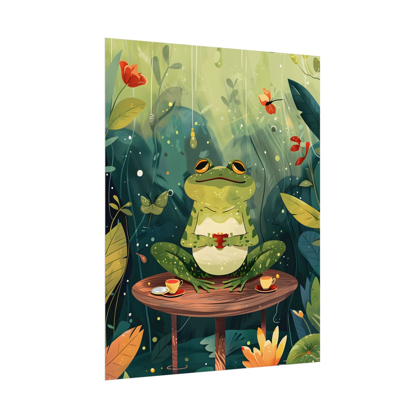 Whimsical Frog on Water: Playful Lily Pad Illustration - Poster