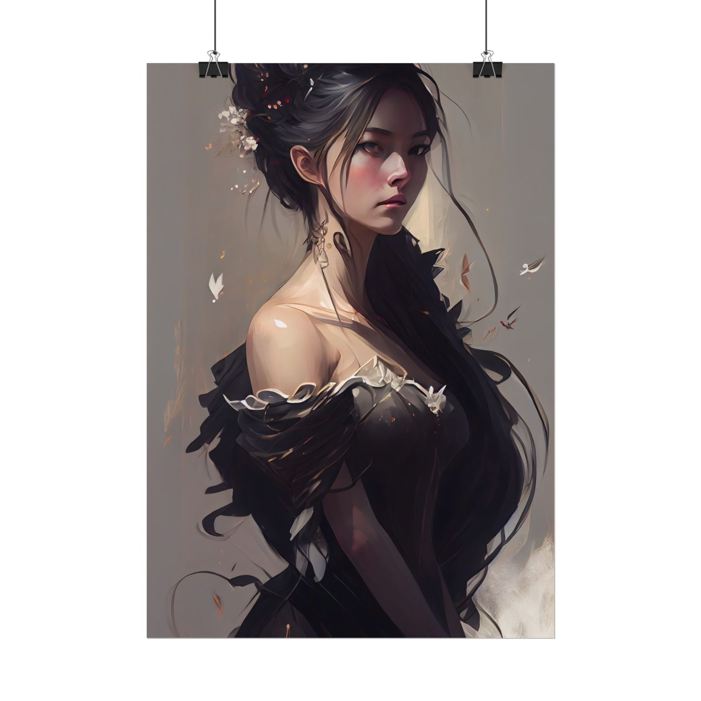 Elegant Black Hair Portrait: Beautiful Female in Dress Art - Poster