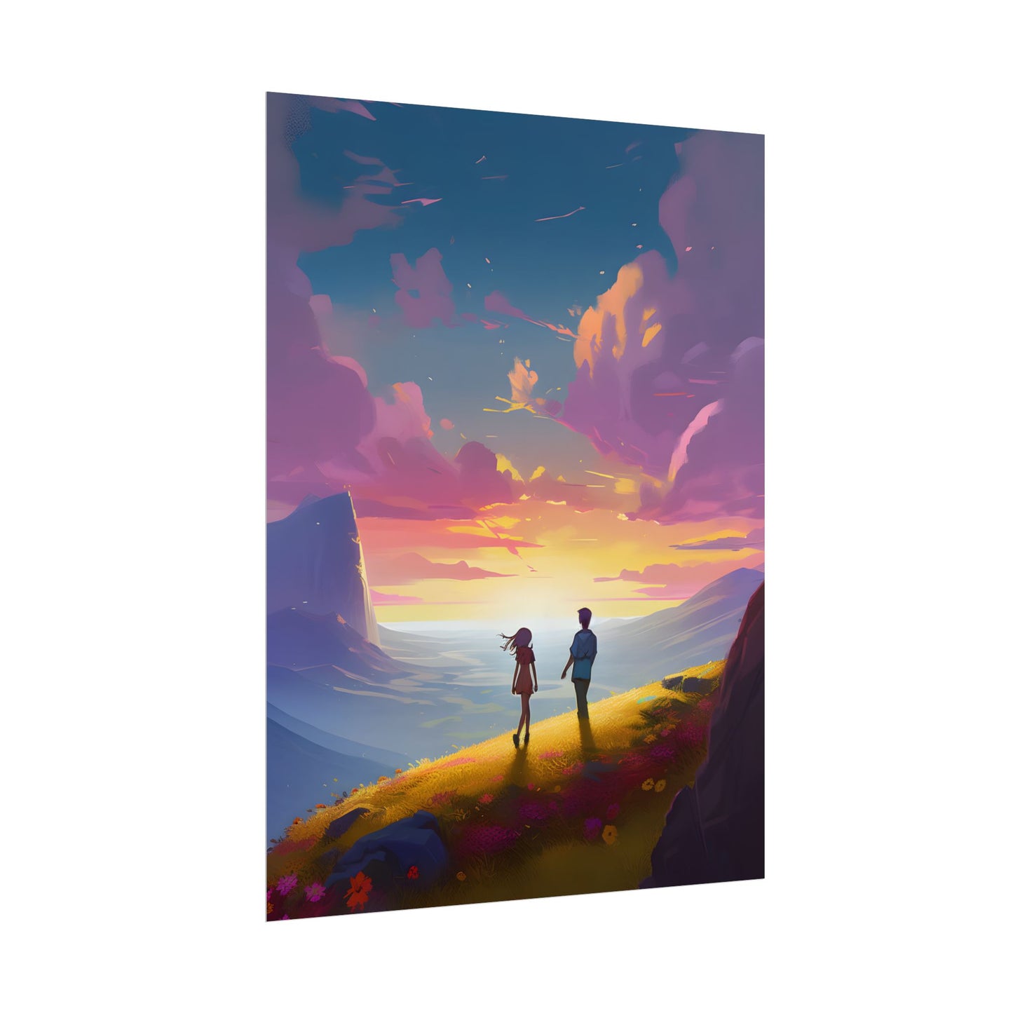 Young Love in a Cloudy Meadow: A Heartwarming Artwork - Poster