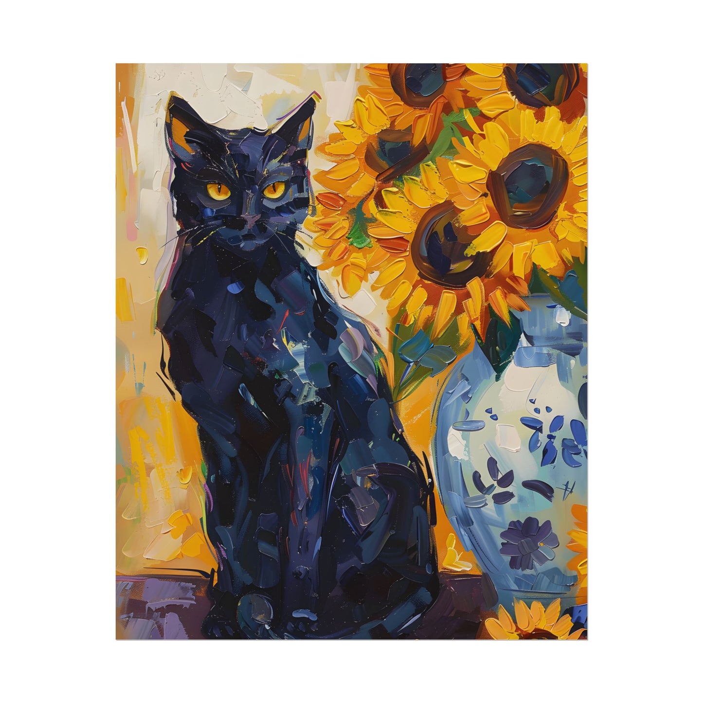 Whiskers by Sunshine: Black Cat in a Blooming Garden - Poster