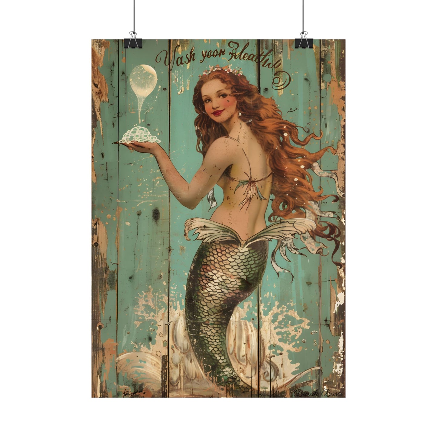 Whimsical Vintage Mermaid: A Soap Bubble Serenade - Poster