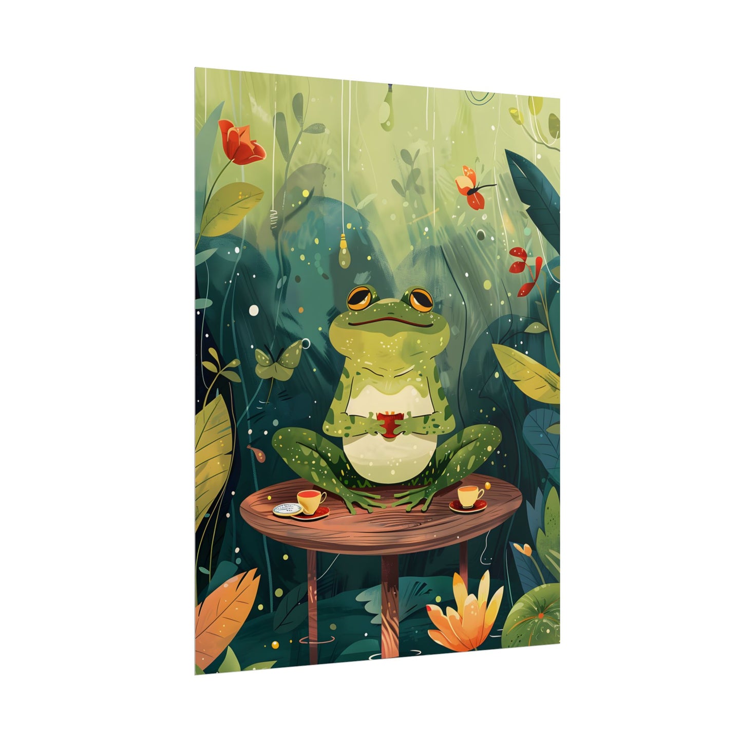 Whimsical Frog on Water: Playful Lily Pad Illustration - Poster
