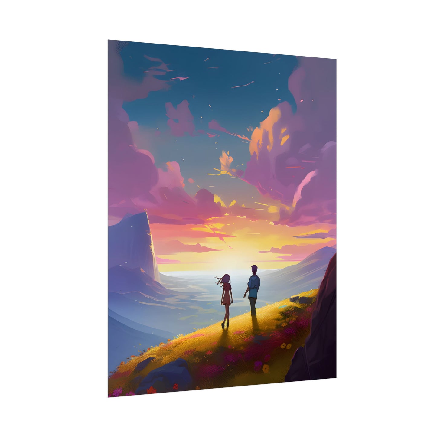 Young Love in a Cloudy Meadow: A Heartwarming Artwork - Poster