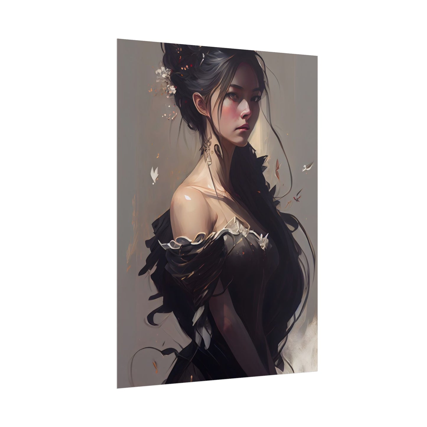 Elegant Black Hair Portrait: Beautiful Female in Dress Art - Poster