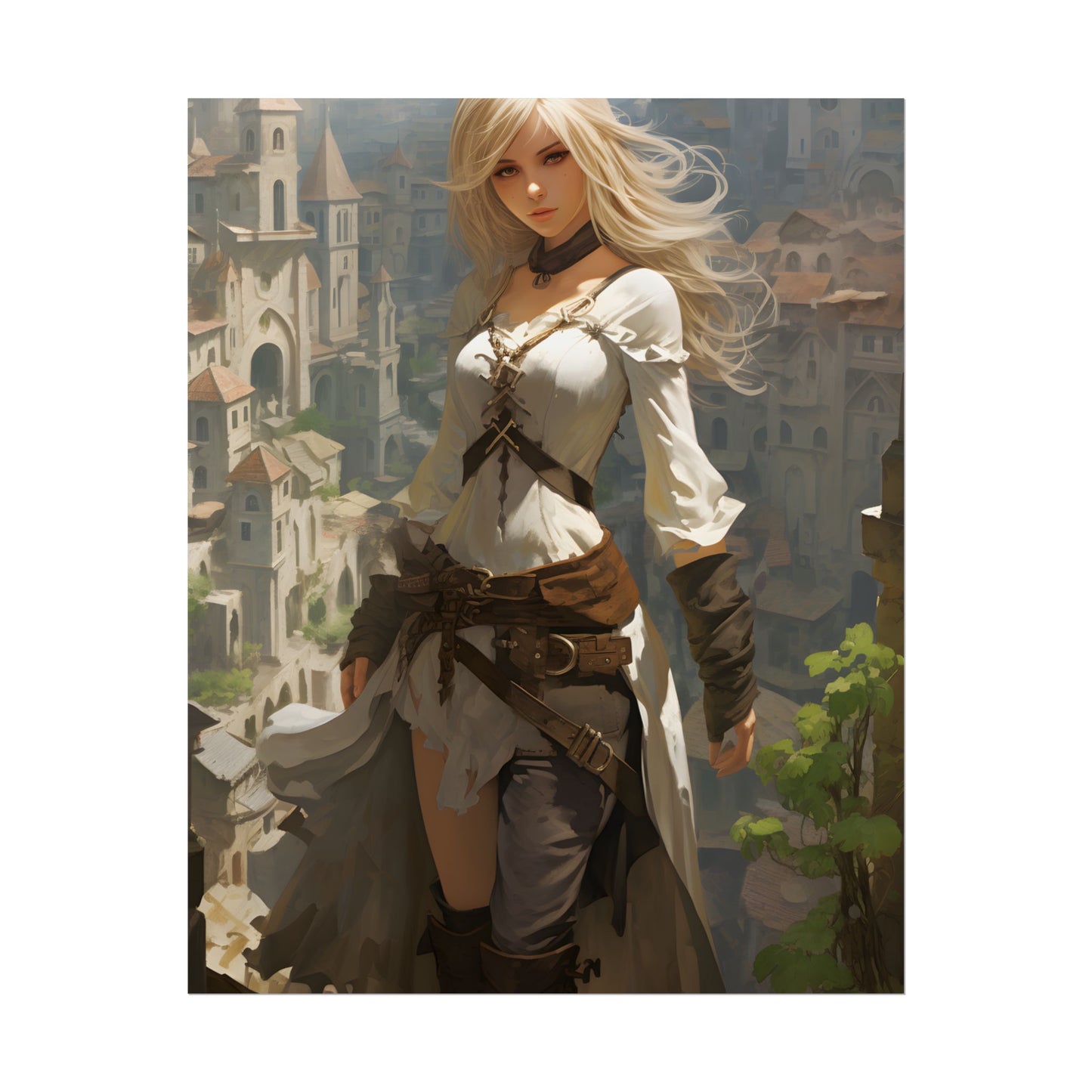 Anime Bird's Eye View Portrait: Blonde Beauty in Motion - Poster