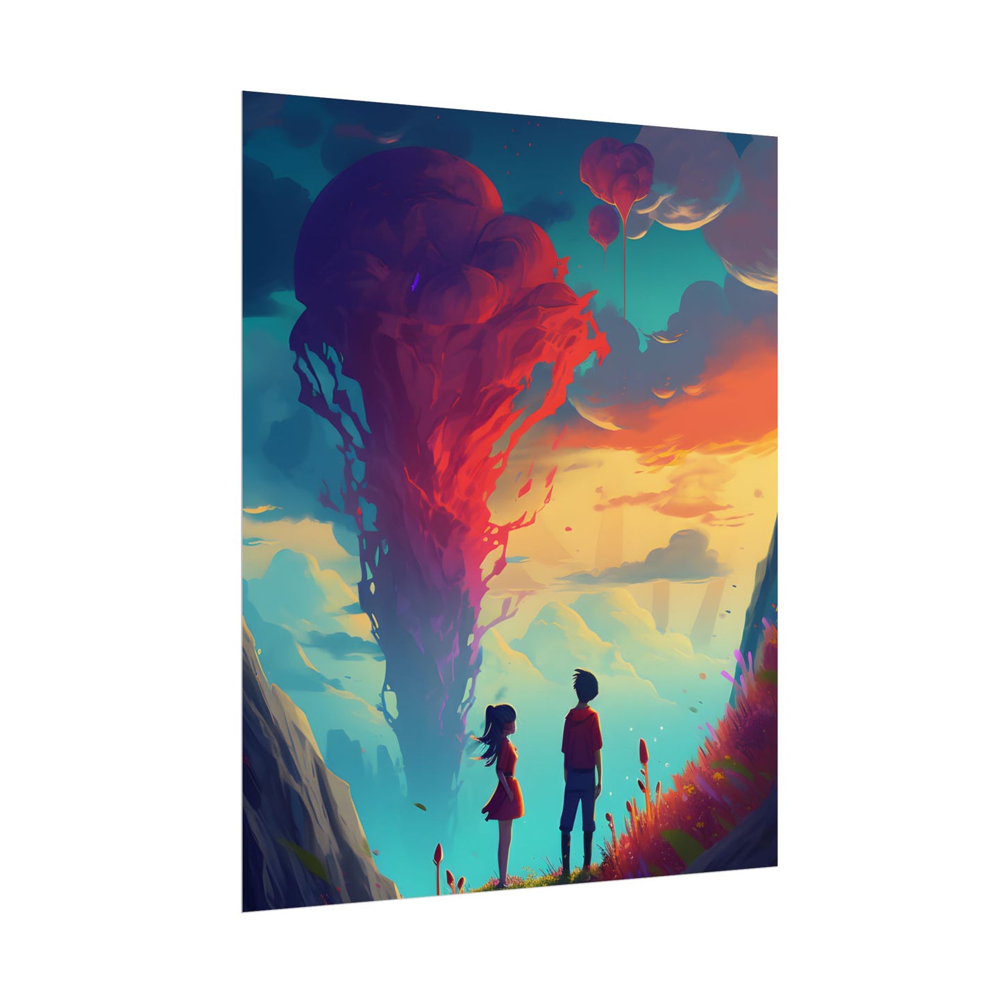 Peaceful Meadow Moment: A Girl and a Boy in Nature - Poster