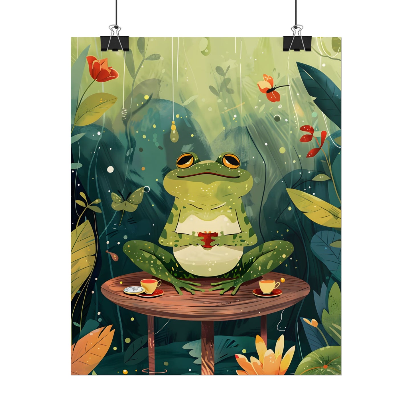 Whimsical Frog on Water: Playful Lily Pad Illustration - Poster