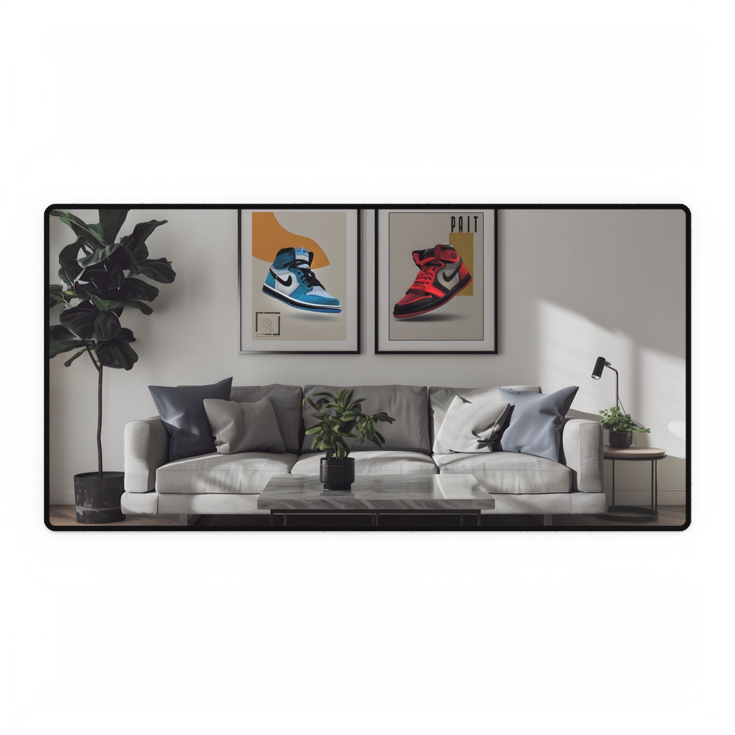 Minimalist Modern Living Room: Neutral Colors & Natural Light Art - Desk Mat