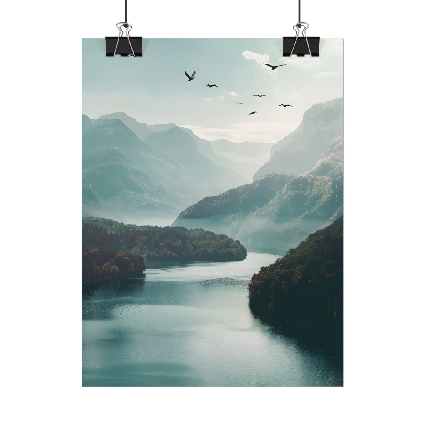 Explore Serene Mountains and Lake: Aerial Perspective Digital Art - Poster