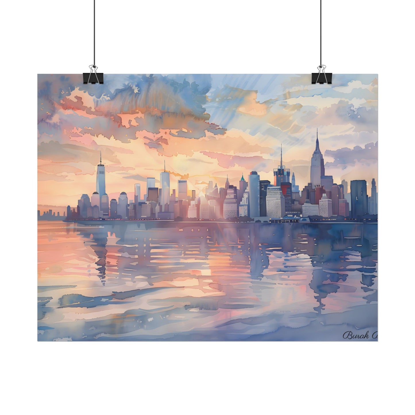 Watercolor New York City Sunset: Golden Hour Artwork - Poster