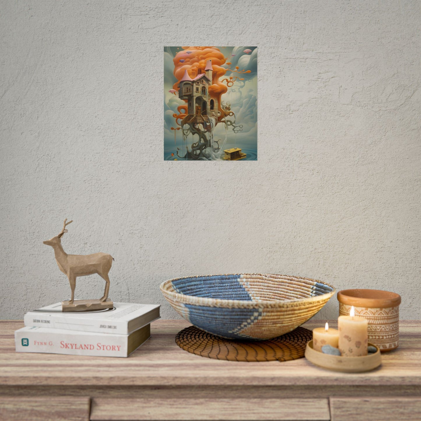 Surreal Dreamscape: Orange Mushroom in Psychedelic Landscape - Poster