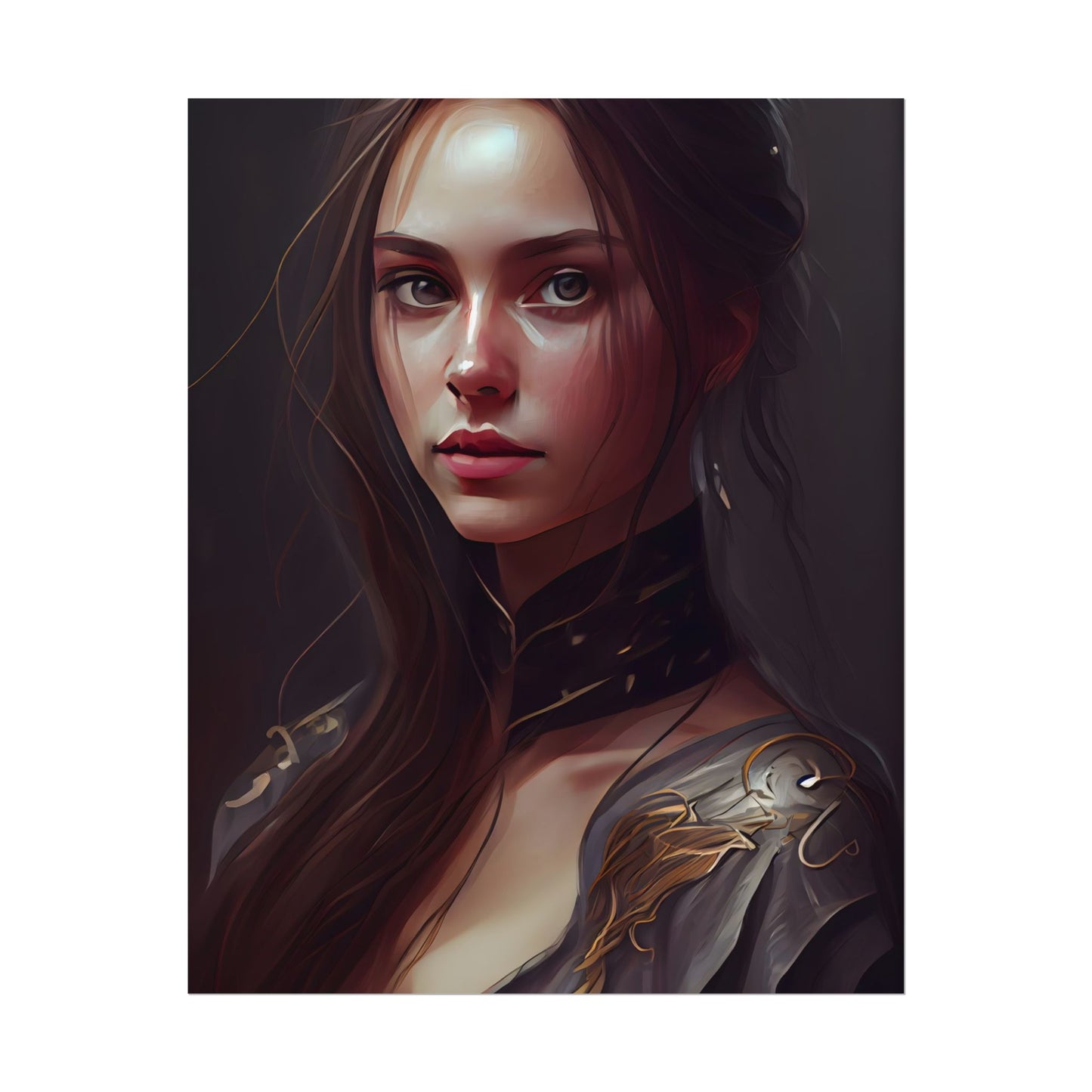 Elegant Indoor Portrait: Brown Hair Beauty - Poster