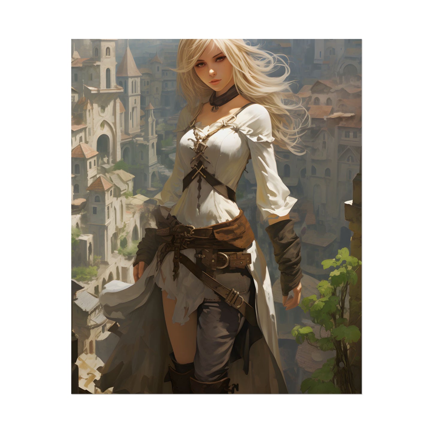Anime Bird's Eye View Portrait: Blonde Beauty in Motion - Poster