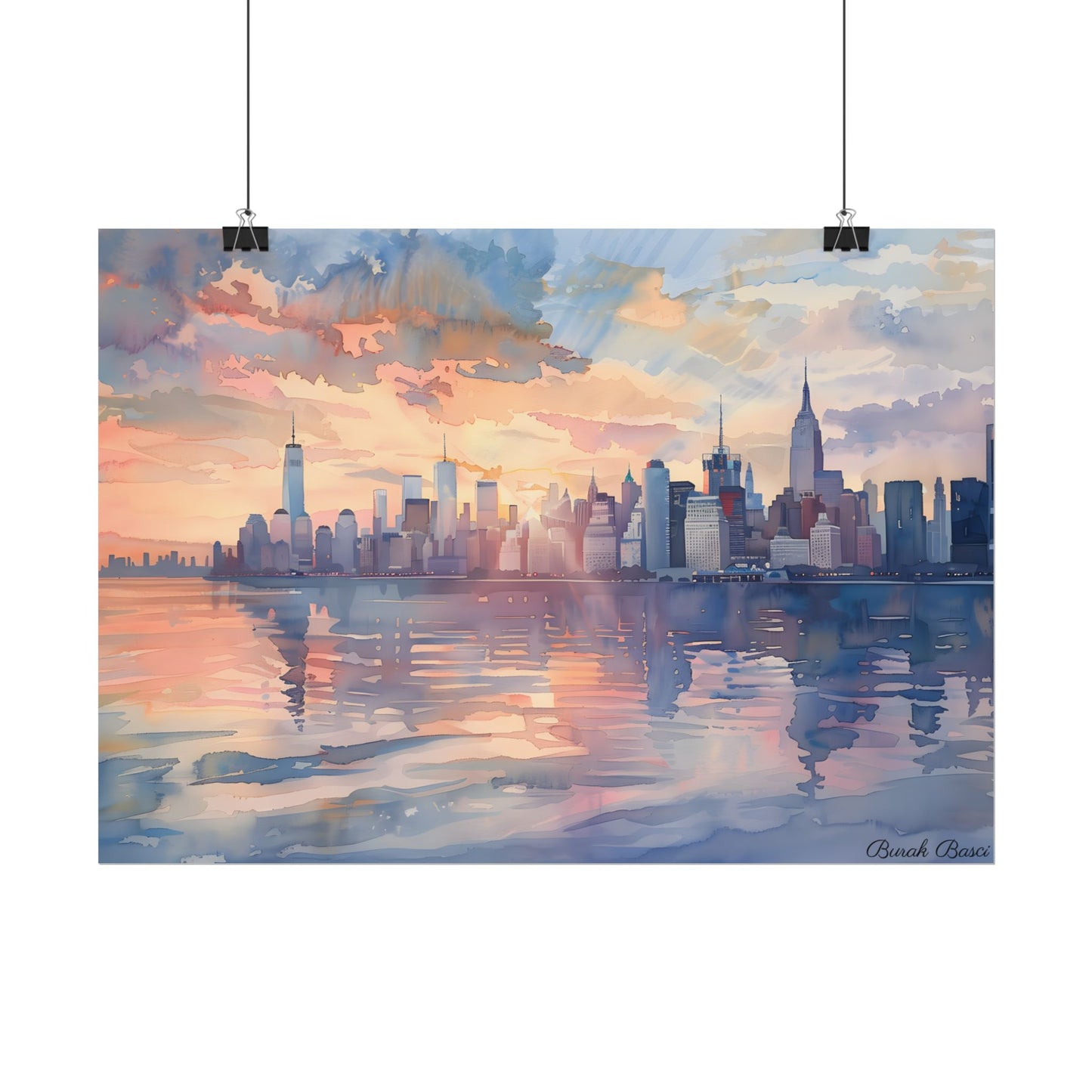 Watercolor New York City Sunset: Golden Hour Artwork - Poster