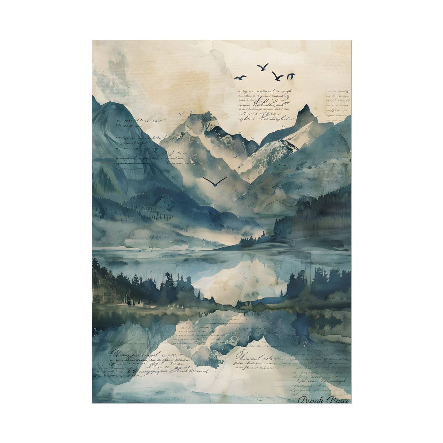Serene Mountain Landscape: Wildlife Art with Birds in Flight - Poster