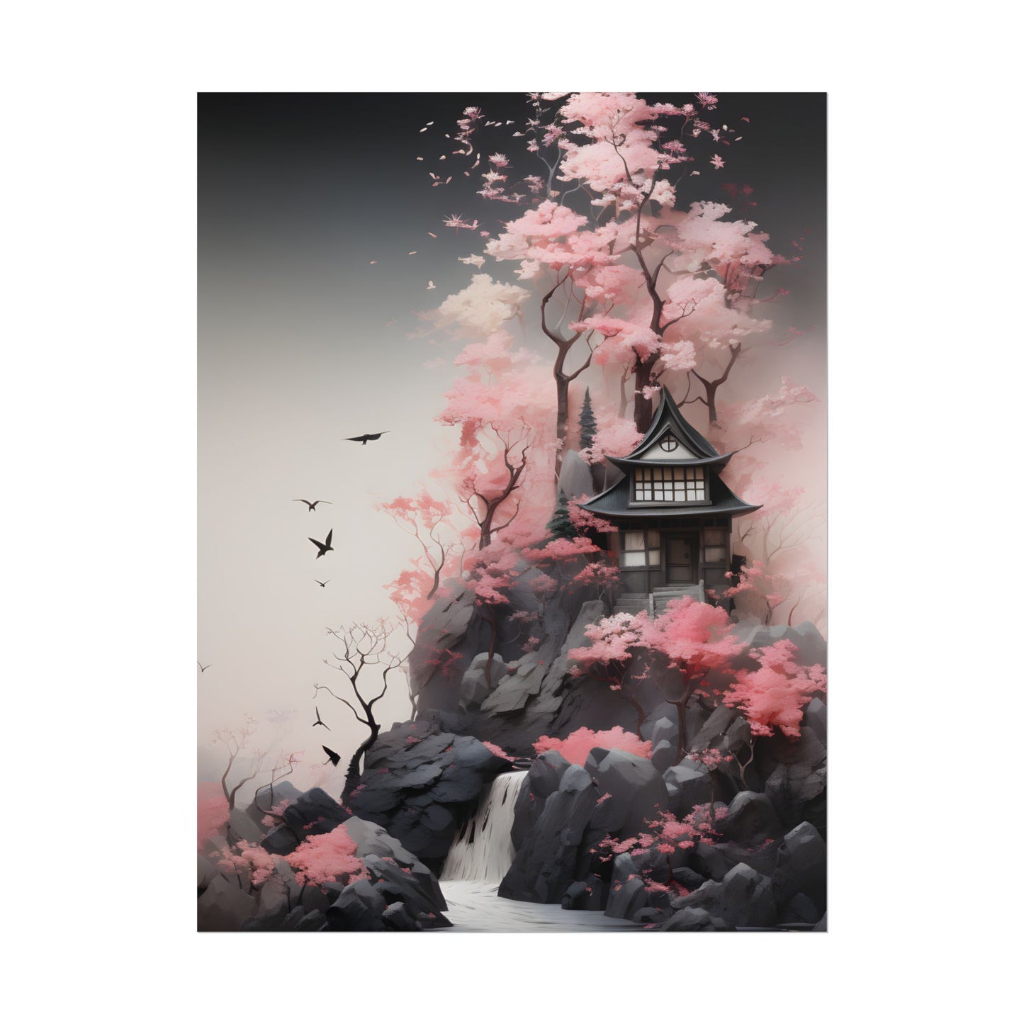 Ash Magenta Masterpiece: Rugged Landscape with Moss Green Forest - Poster