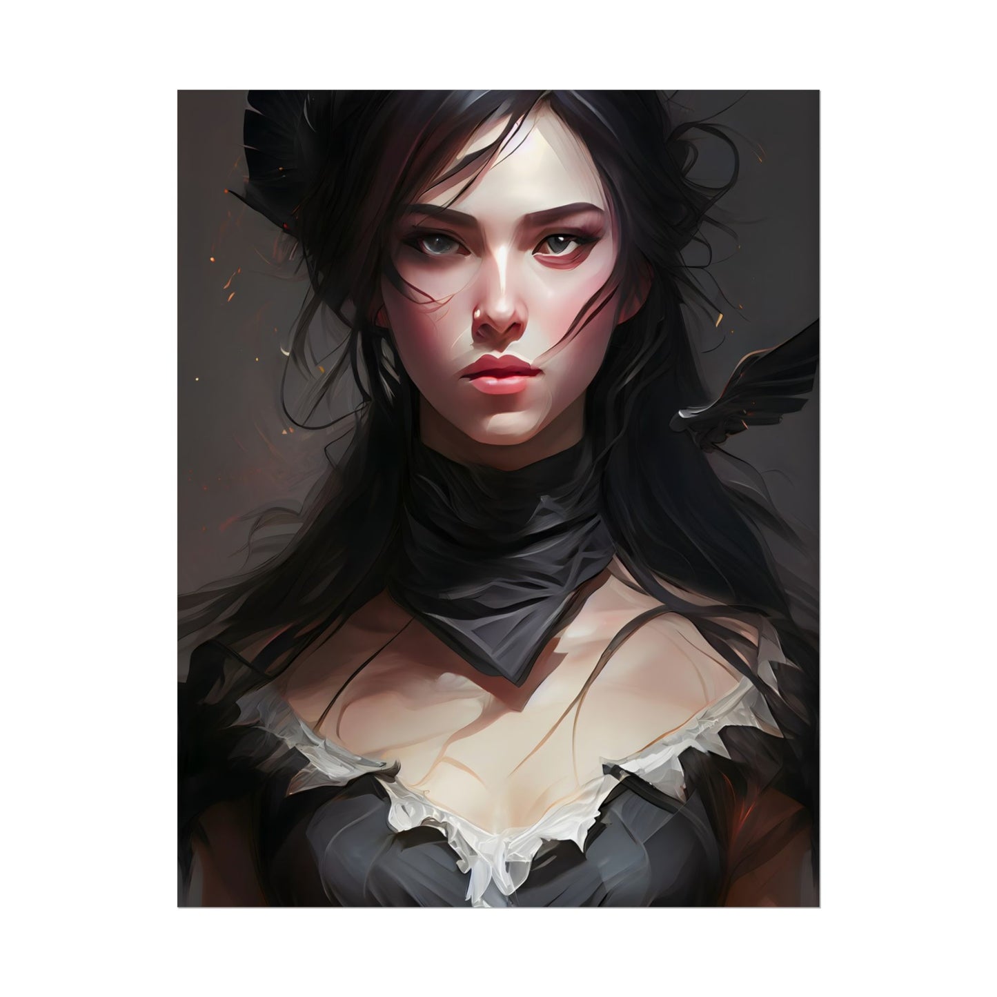 Female Portrait: Black Hair Artwork in Dark Background - Poster