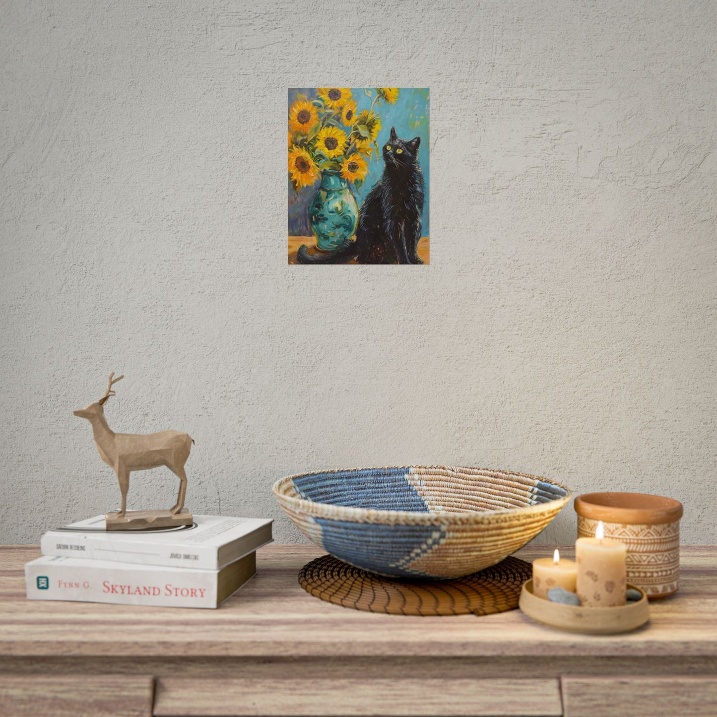 Whispers in the Garden: A Black Cat Among Sunflowers - Poster