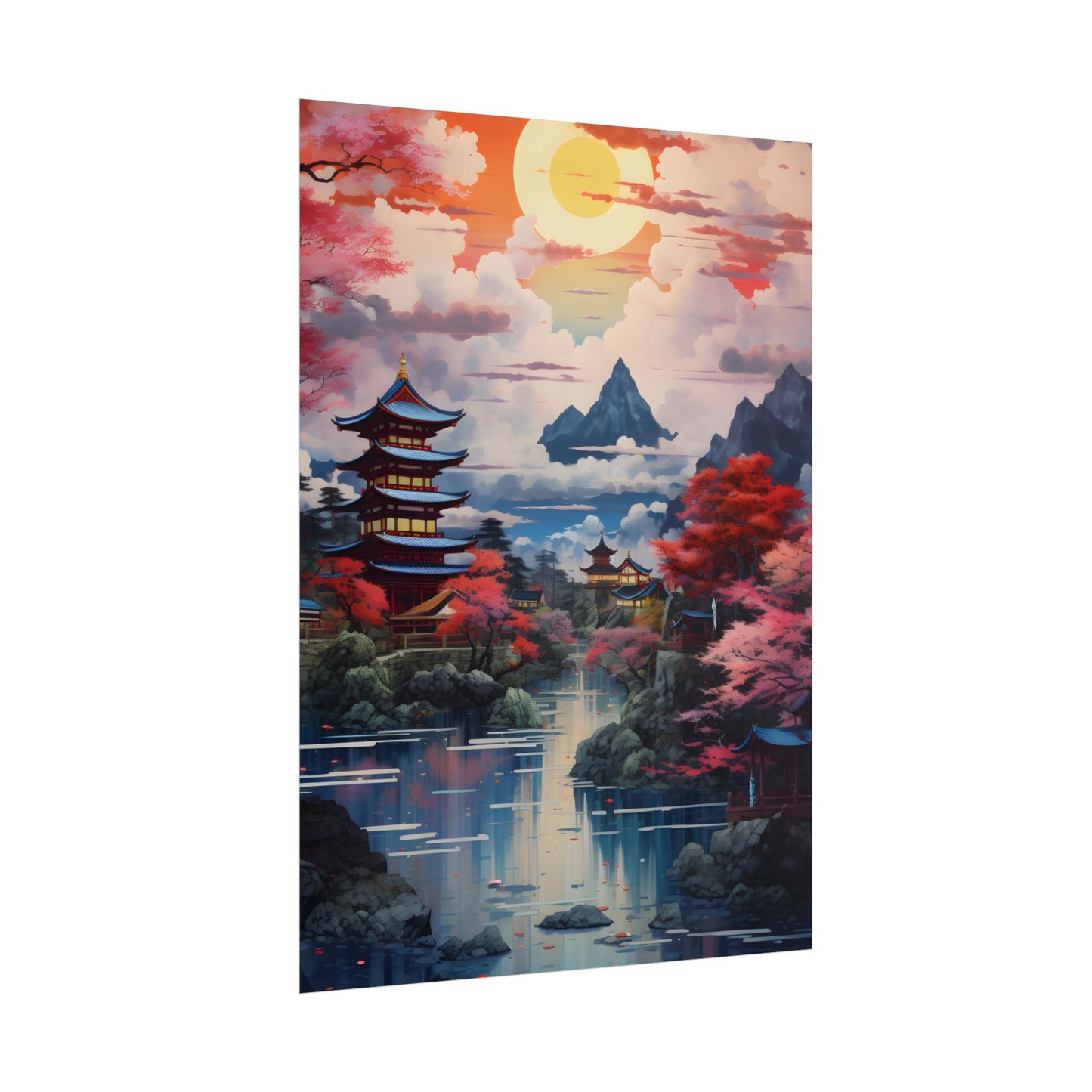 Wonderful Japanese River Scene with Serene Flowers - Poster