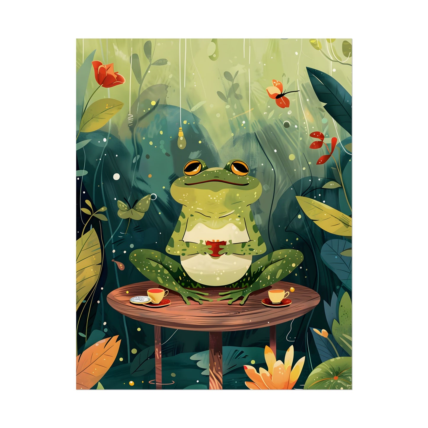 Whimsical Frog on Water: Playful Lily Pad Illustration - Poster