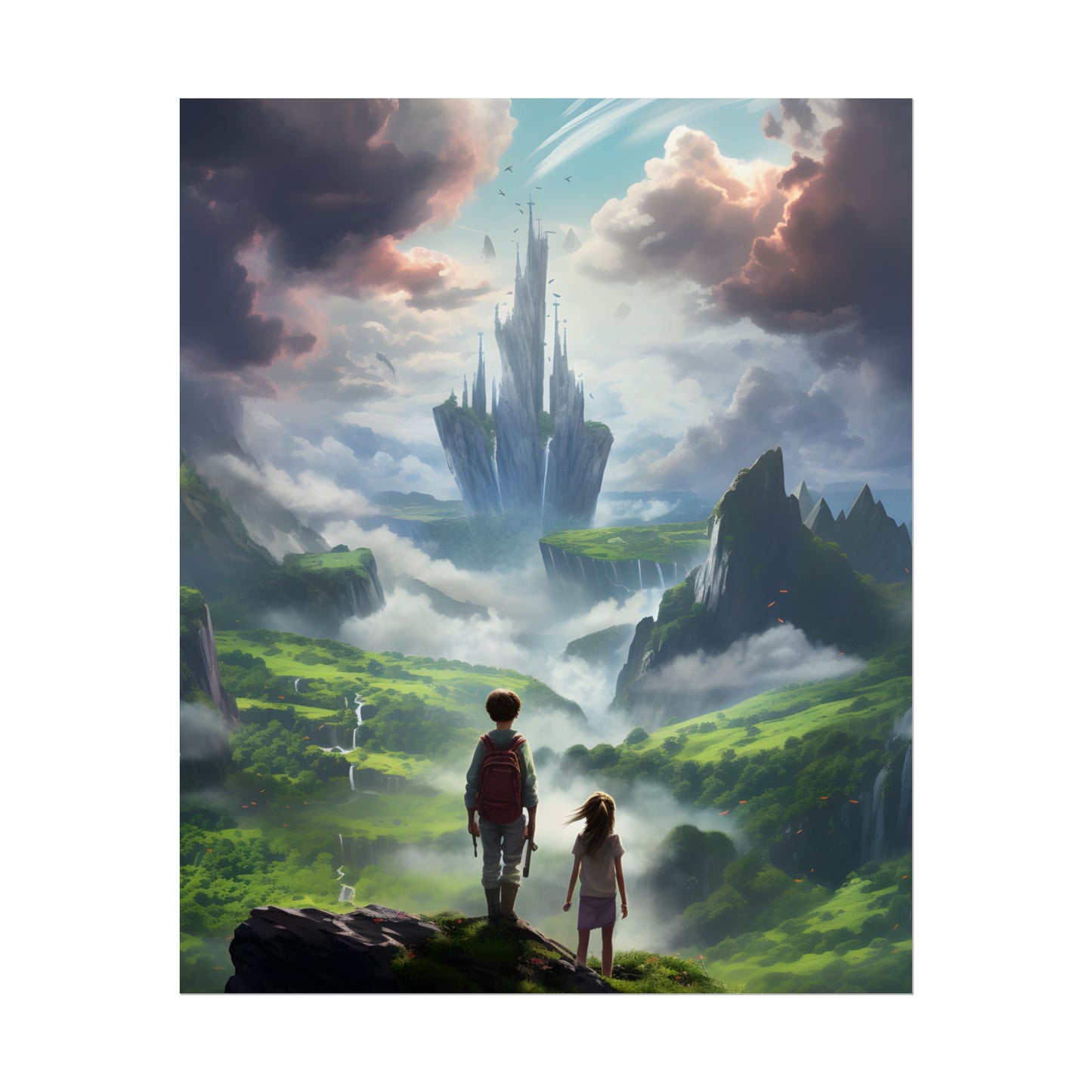 Girl and Boy in a Cloudy Meadow: Serene Outdoor Scene - Poster