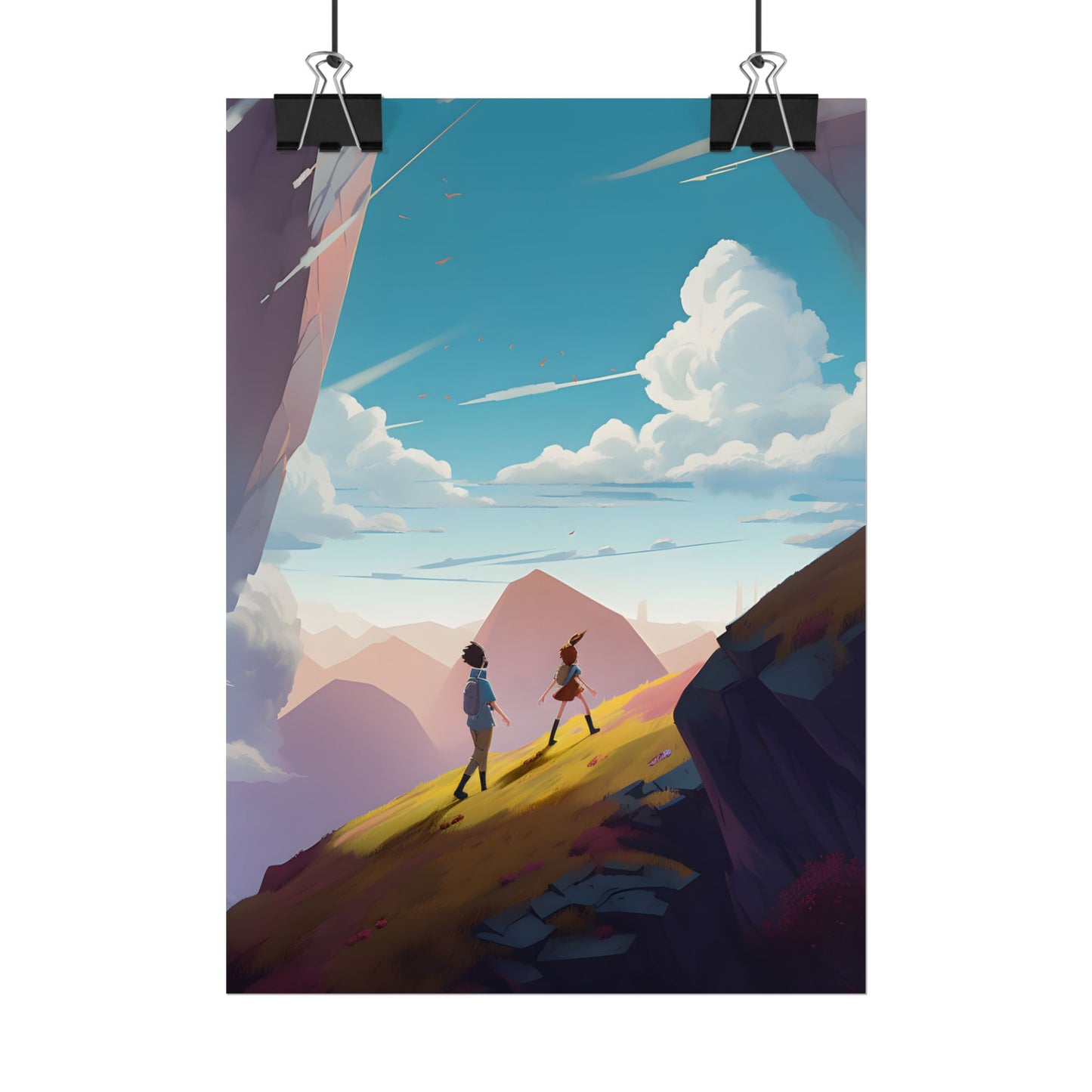 Young Boy and Girl on Cloudy Meadow: Outdoor Landscape Art - Poster