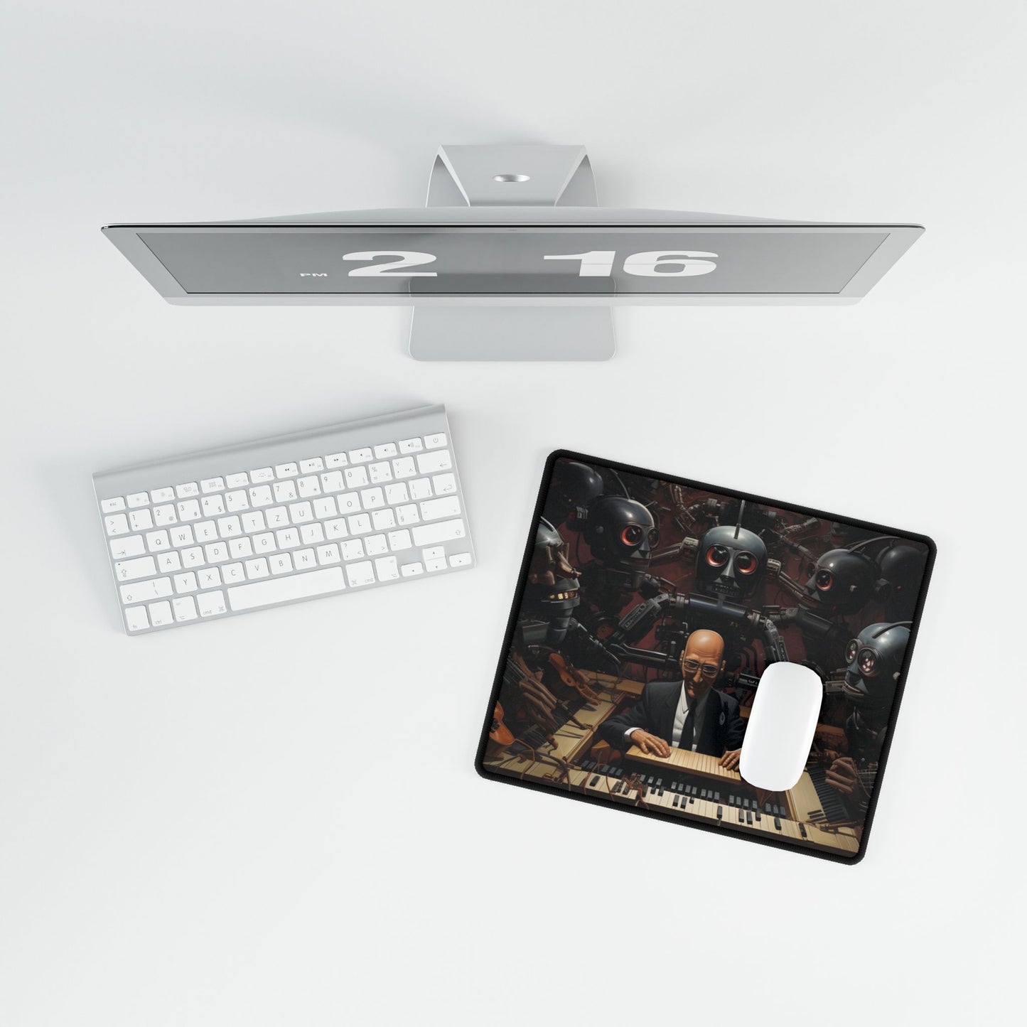 Robot Symphony: 6 Sentient Robots in Harmony - Desk Mat