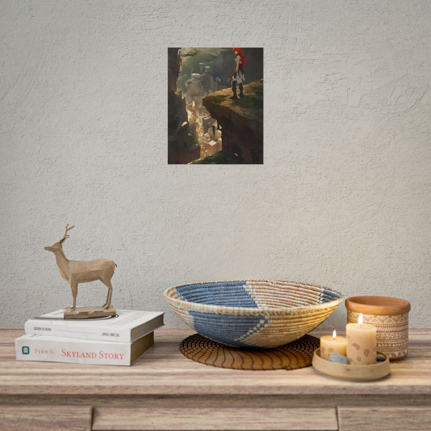 Anime Birds Eye View: Red Haired Female in Action Fantasy Scene - Poster