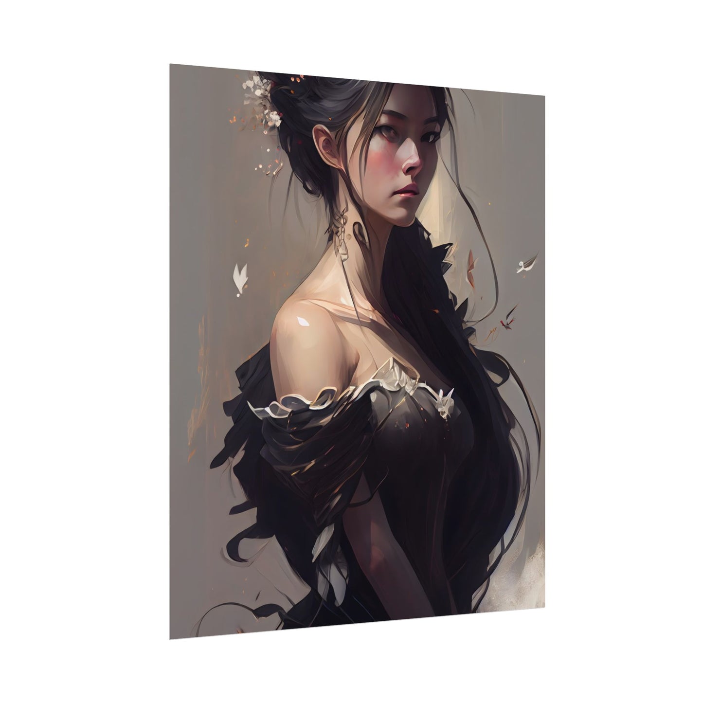 Elegant Black Hair Portrait: Beautiful Female in Dress Art - Poster