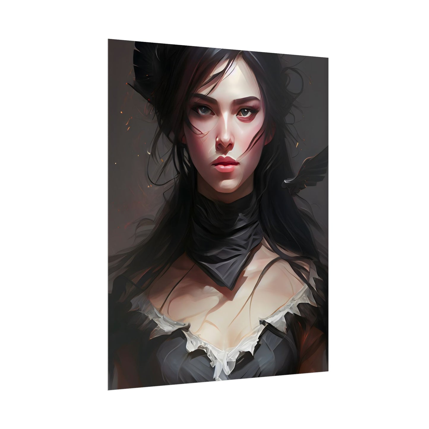 Female Portrait: Black Hair Artwork in Dark Background - Poster