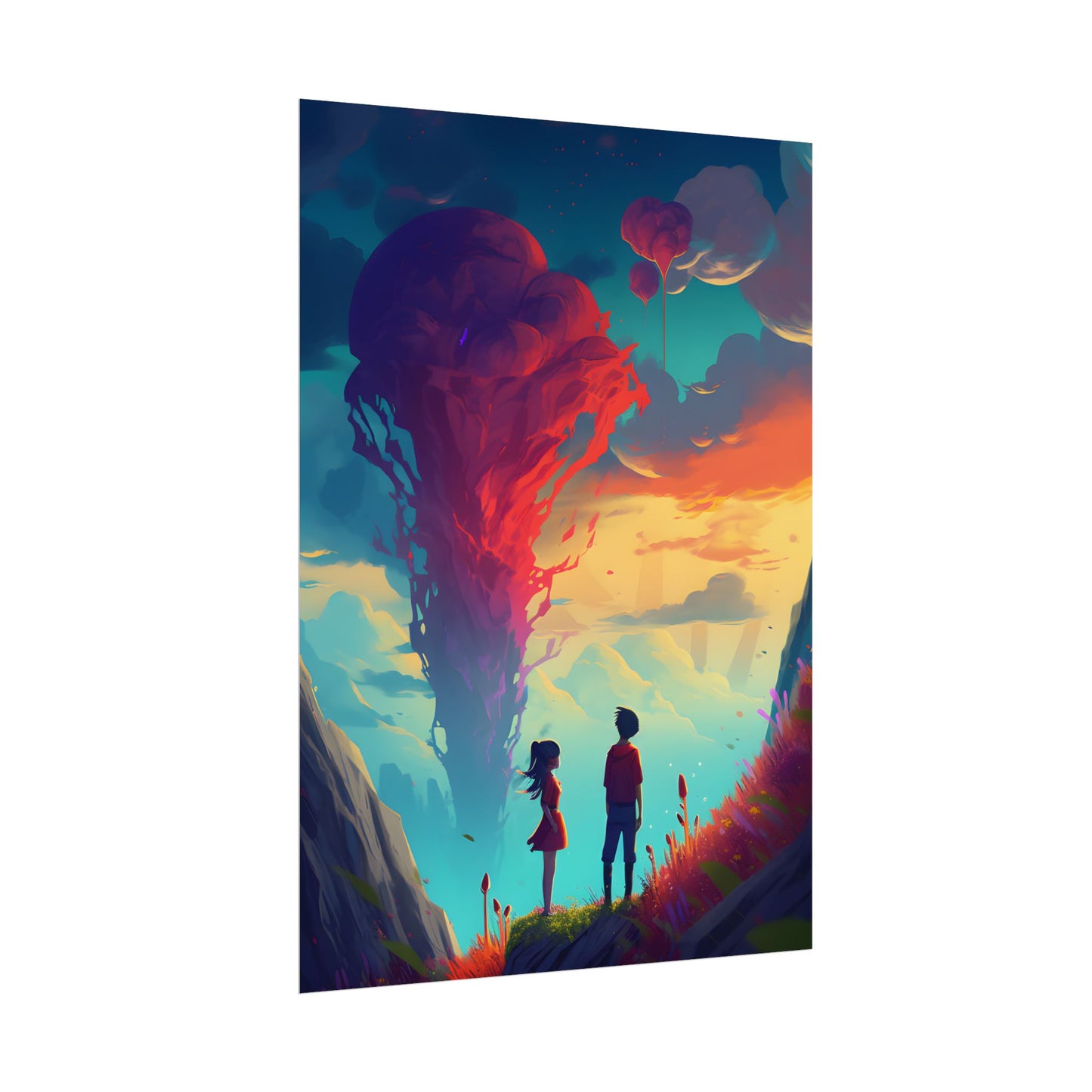 Peaceful Meadow Moment: A Girl and a Boy in Nature - Poster
