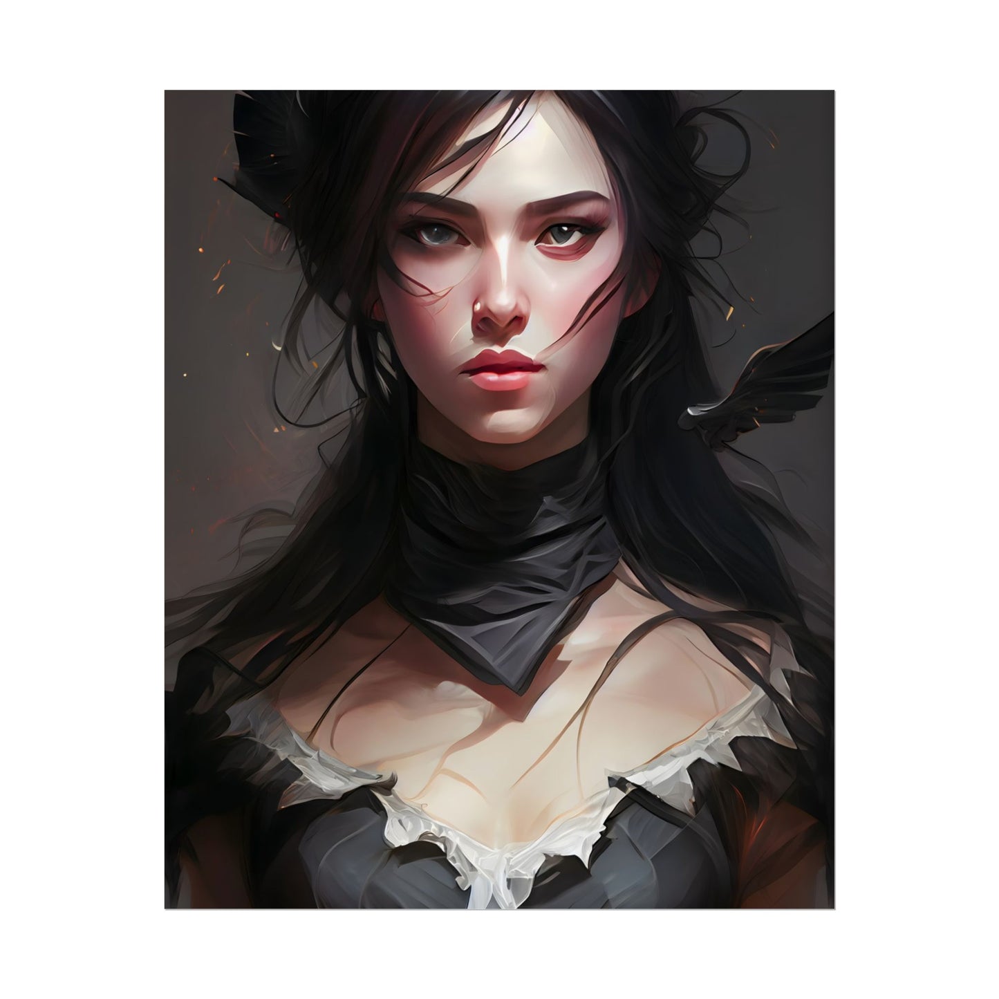 Female Portrait: Black Hair Artwork in Dark Background - Poster