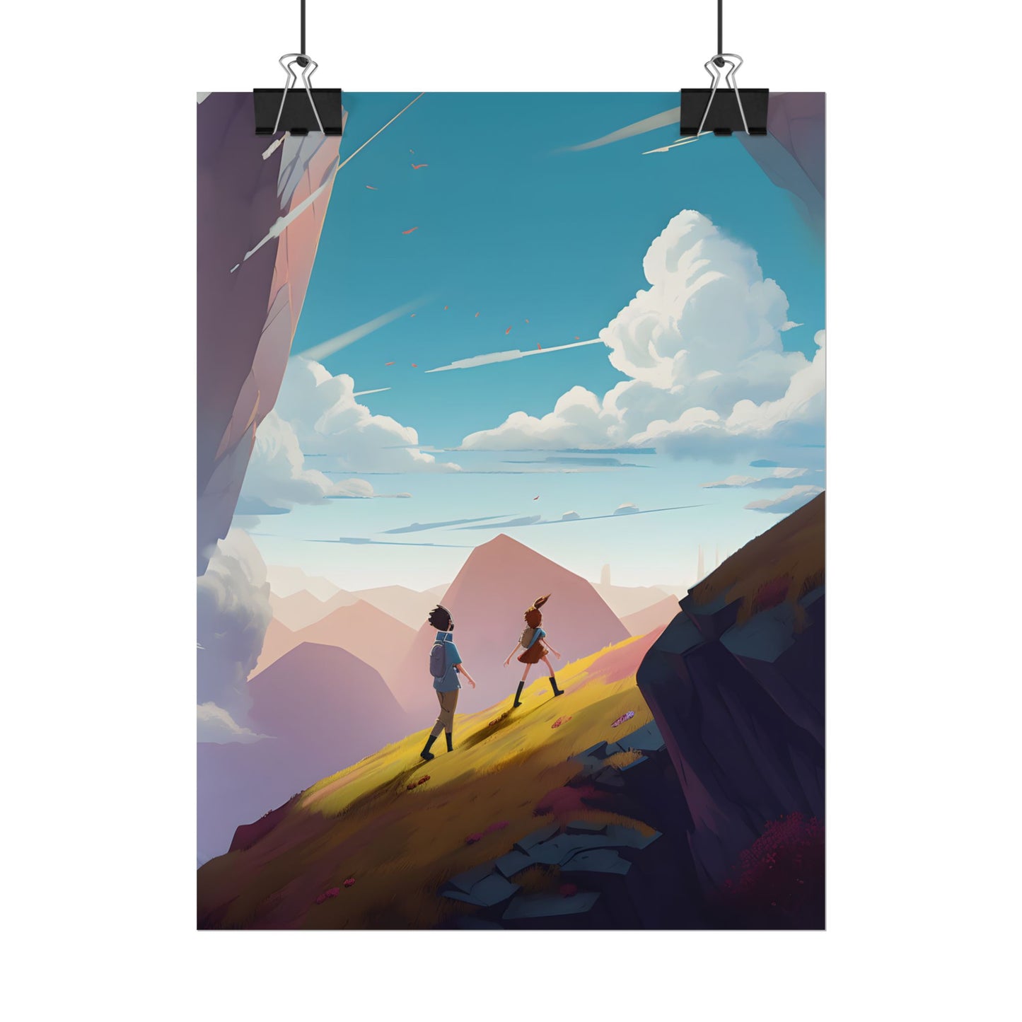 Young Boy and Girl on Cloudy Meadow: Outdoor Landscape Art - Poster