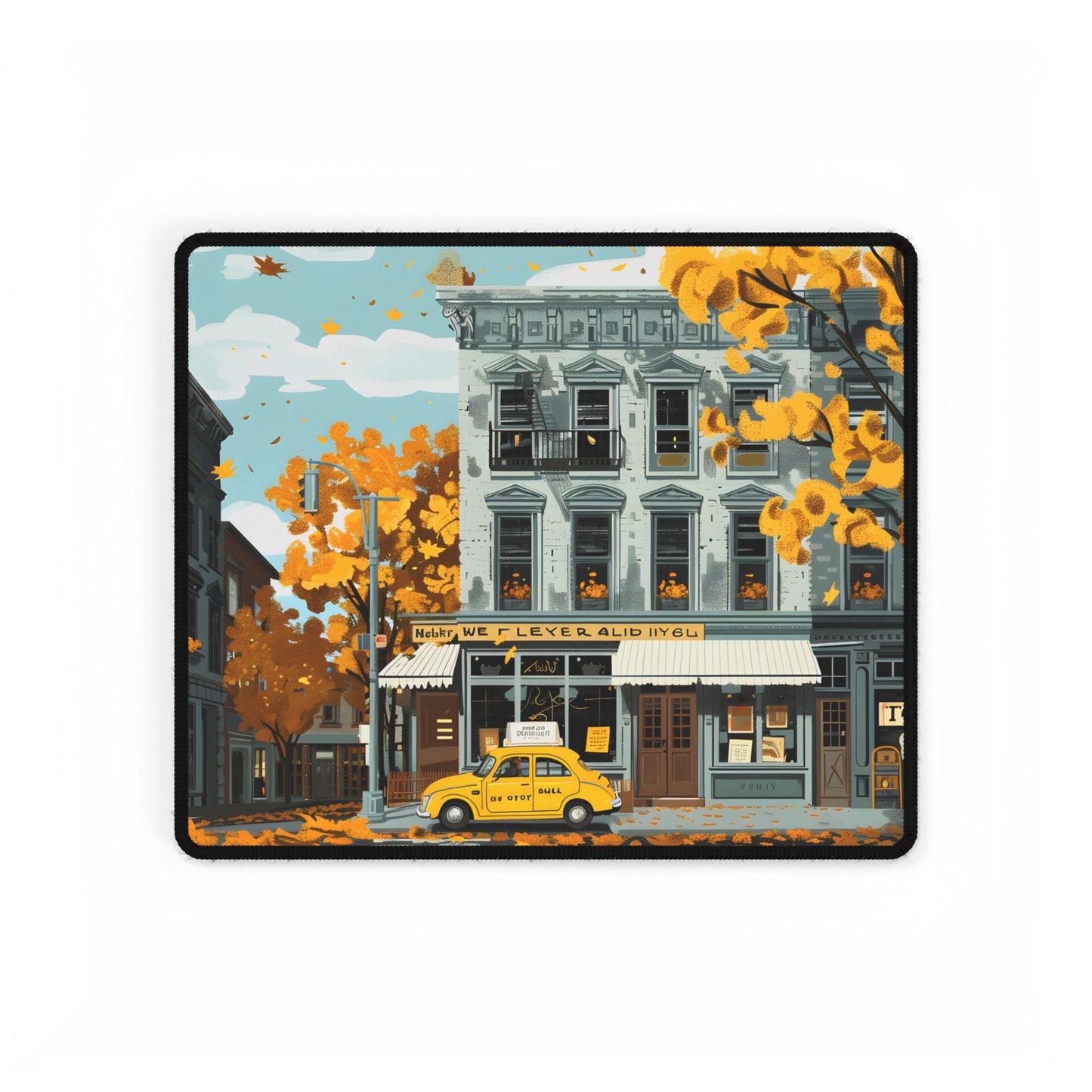 Whimsical Yellow Building: Ornate Illustration Artwork - Desk Mat