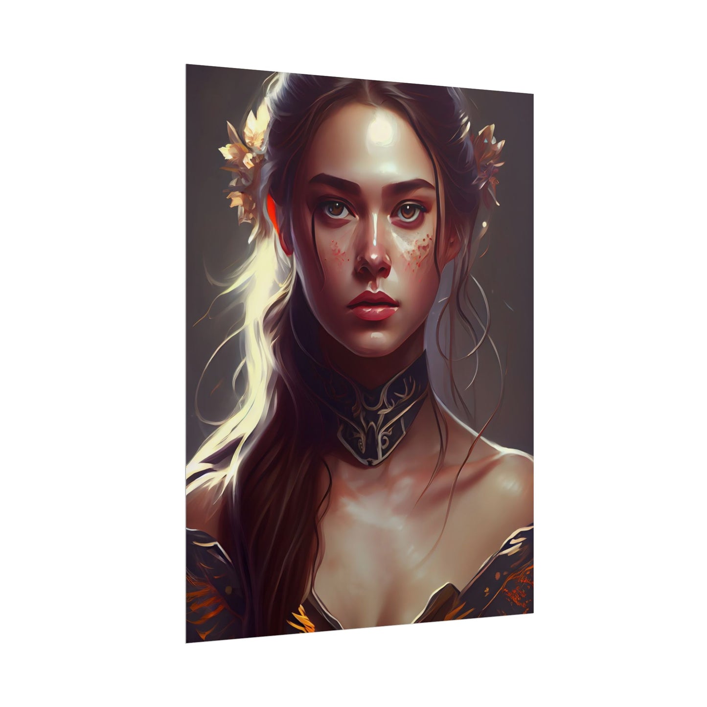 Stunning Female Portrait: Brown Hair Artwork in a Dramatic Style - Poster