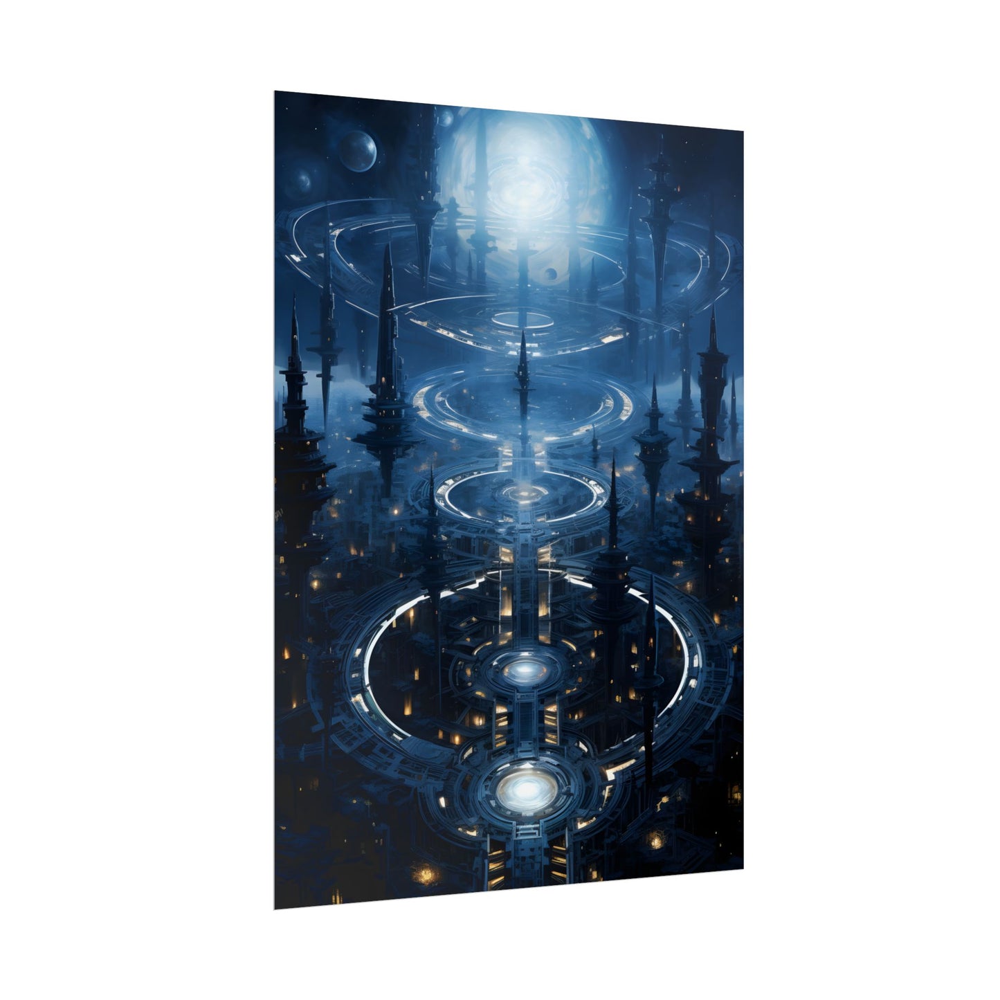 Aetherial Space Station: Galactic Hub in Vibrant Blue Nebula - Poster