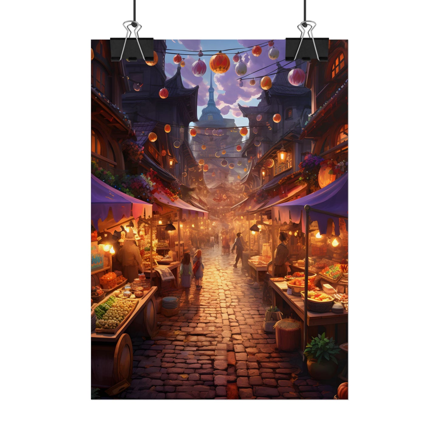 Magical Street Food Market: Vibrant Enchanted Scene Art - Poster