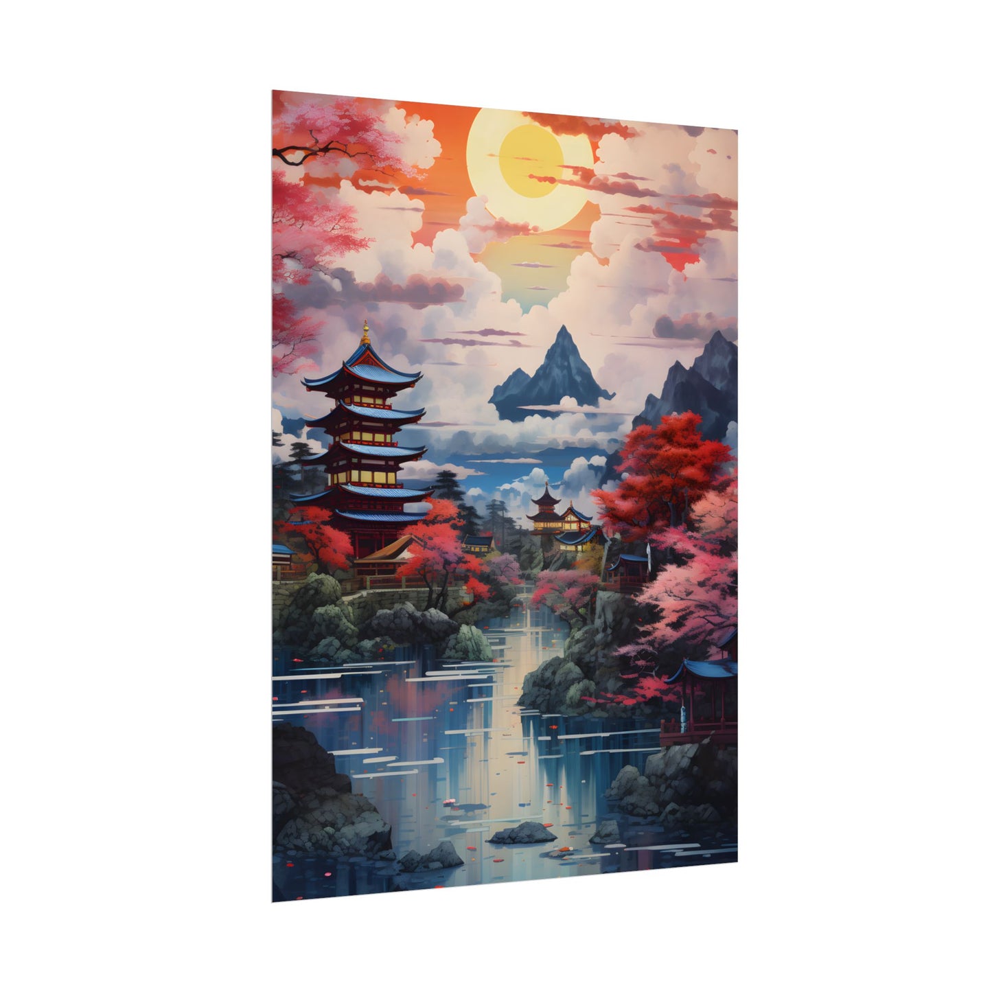 Wonderful Japanese River Scene with Serene Flowers - Poster