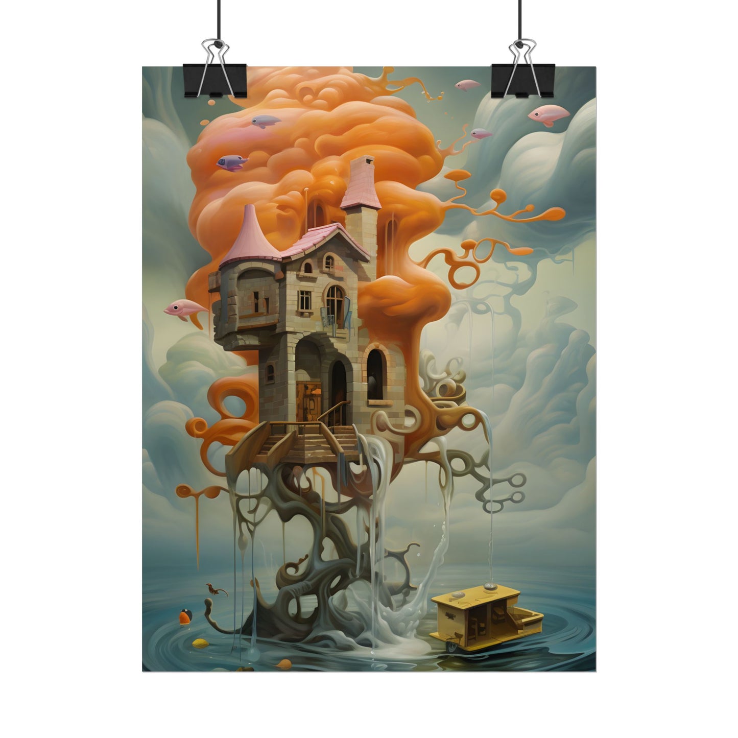 Surreal Dreamscape: Orange Mushroom in Psychedelic Landscape - Poster