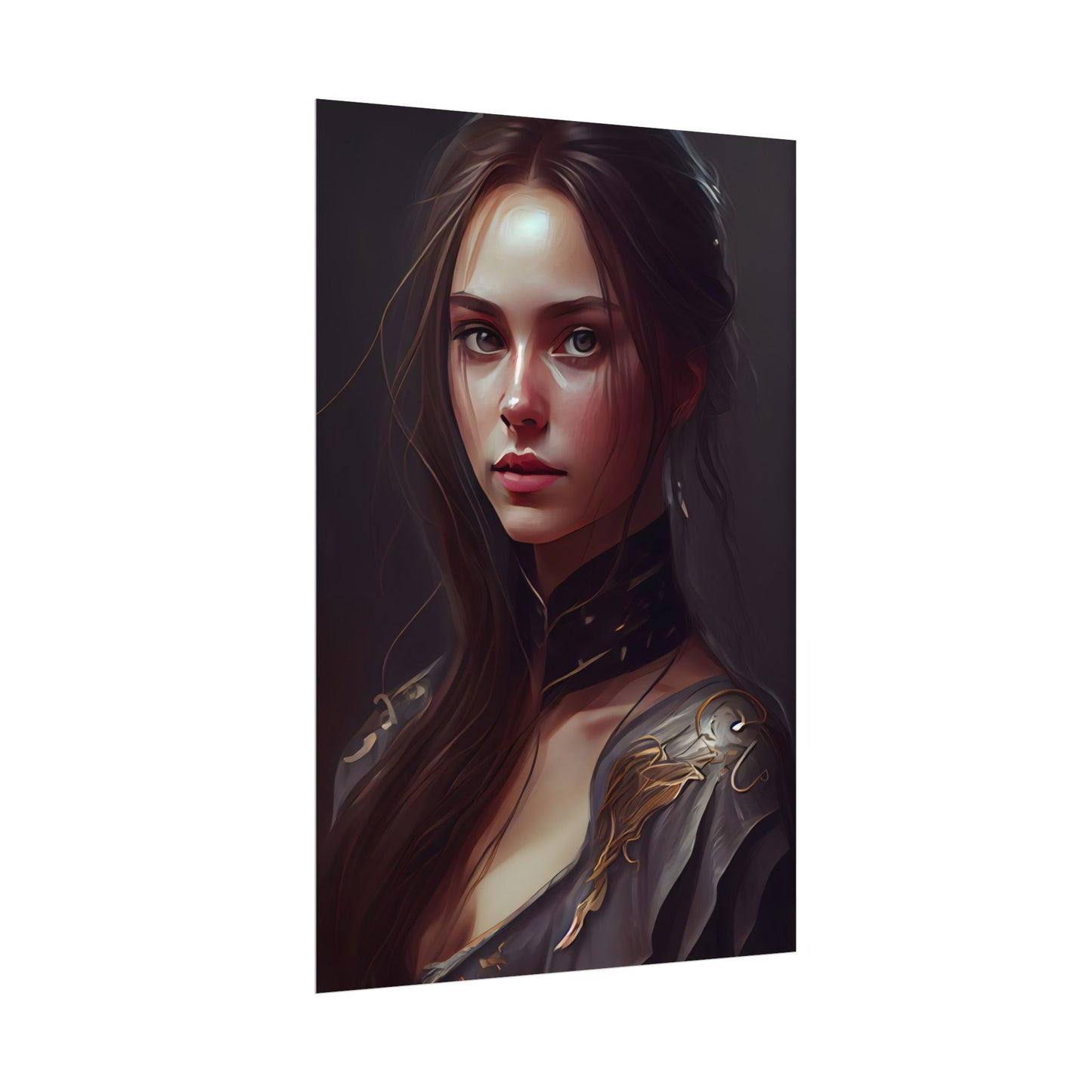 Elegant Indoor Portrait: Brown Hair Beauty - Poster